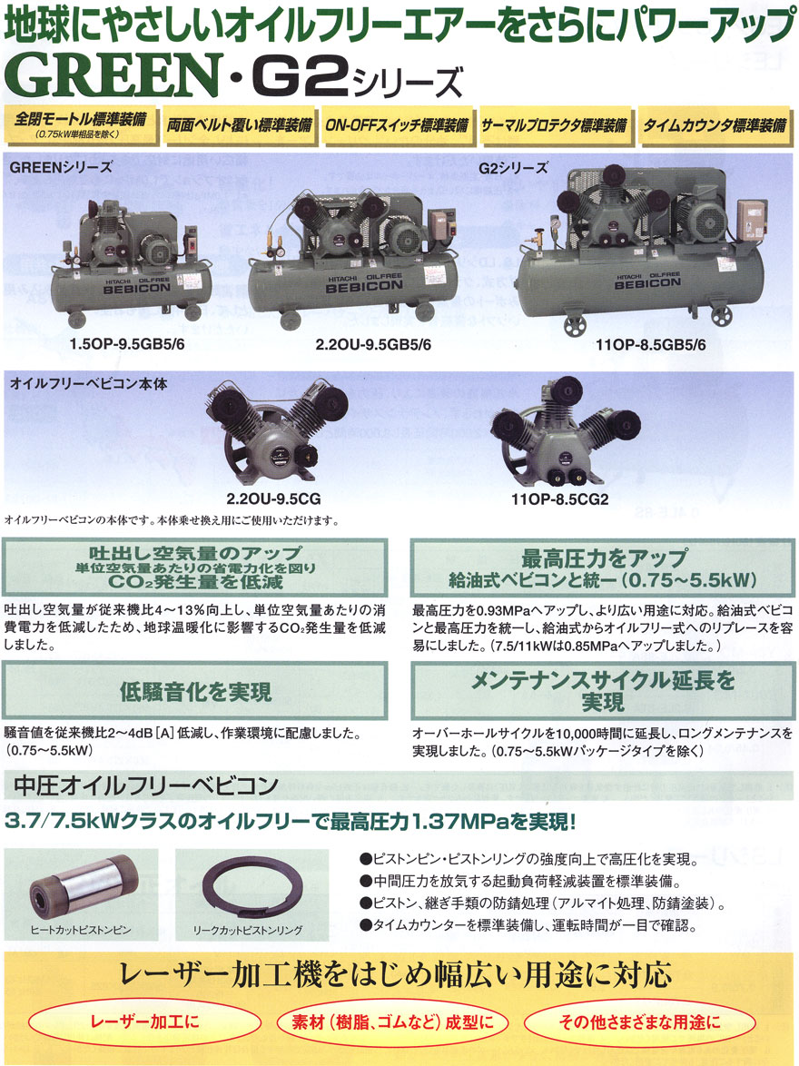 オイルフリーベビコン 無給油式 自動アンローダー式/圧力開閉器式