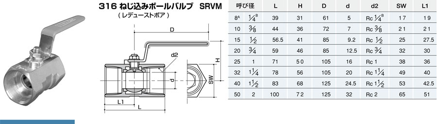 SUS316ねじ込みボールバルブ(レデューストボア)