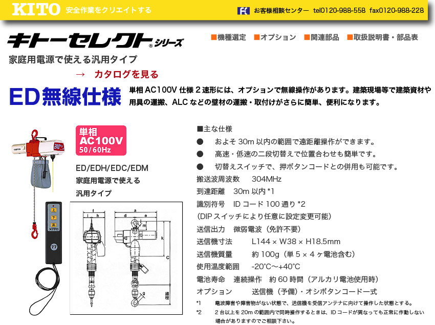 速くおよび自由な キトー 電気チェーンブロック キトーセレクト １速形 １００ｋｇ×３ｍ 1台 品番