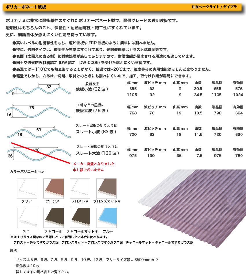 ポリカ 波 板 サイズ 表