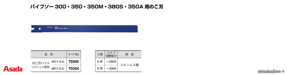 アサダ パイプソー300/350/350M/380S/350A用のこ刃 ステンレス管用