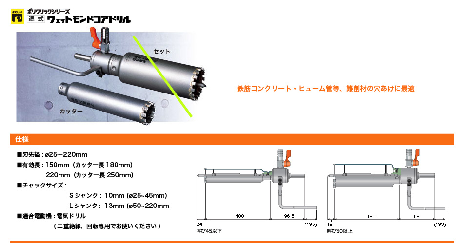 ミヤナガ ポリクリックシリーズ 湿式ウェットモンドコアドリル｜電動