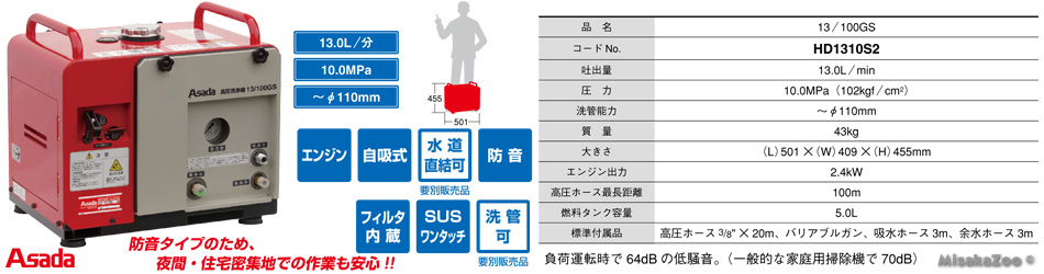 アサダ エンジン高圧洗浄機 13/100GS 防音タイプ