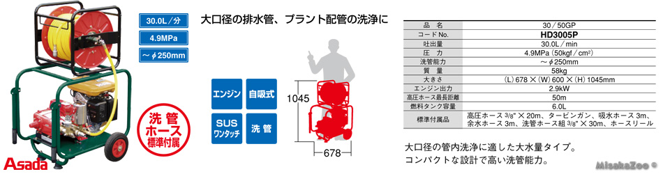 アサダ エンジン高圧洗浄機 30/50GP 洗管ホース3/8 x 30m付